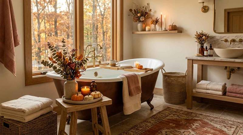 Freestanding clawfoot bathtub styled with warm candlelight, autumn leaves in a pottery vase, and soft textured towels for a cozy fall bathroom.