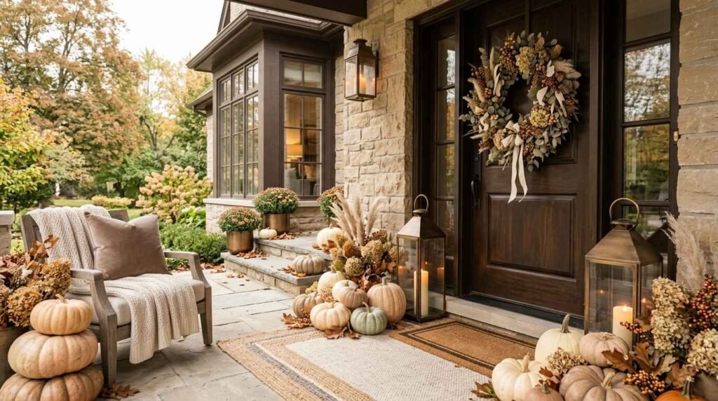 Luxurious fall front porch featuring stacked heirloom pumpkins, pampas grass, warm copper lanterns, and a dried botanical wreath.