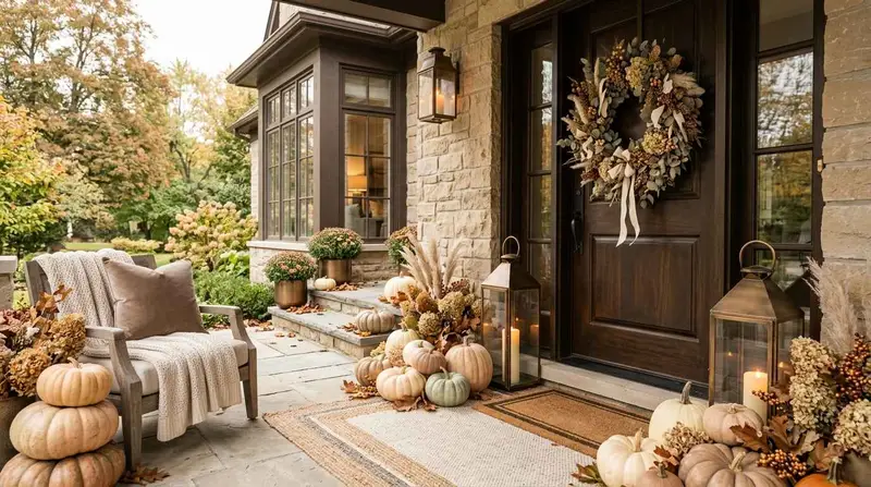 Luxurious fall front porch featuring stacked heirloom pumpkins, pampas grass, warm copper lanterns, and a dried botanical wreath.