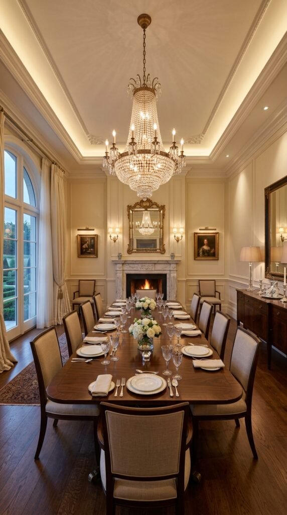 Large formal luxury dining room with high ceilings, central crystal basket chandelier, warm cove LED accent lighting, and a long mahogany table.