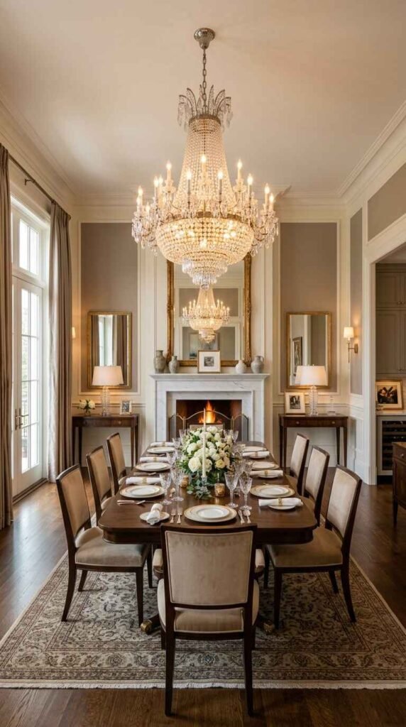 Formal luxury dining room layout featuring symmetric velvet seating, a grand crystal chandelier, and a marble fireplace anchor.