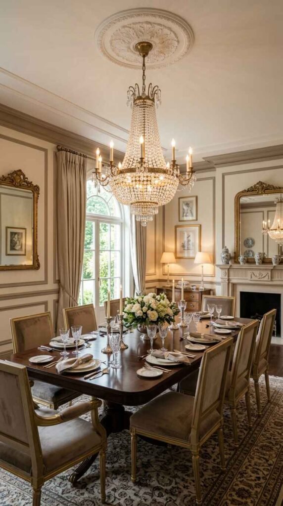 French empire style crystal chandelier hanging over a formal dark mahogany dining table reflecting in a mantle mirror.