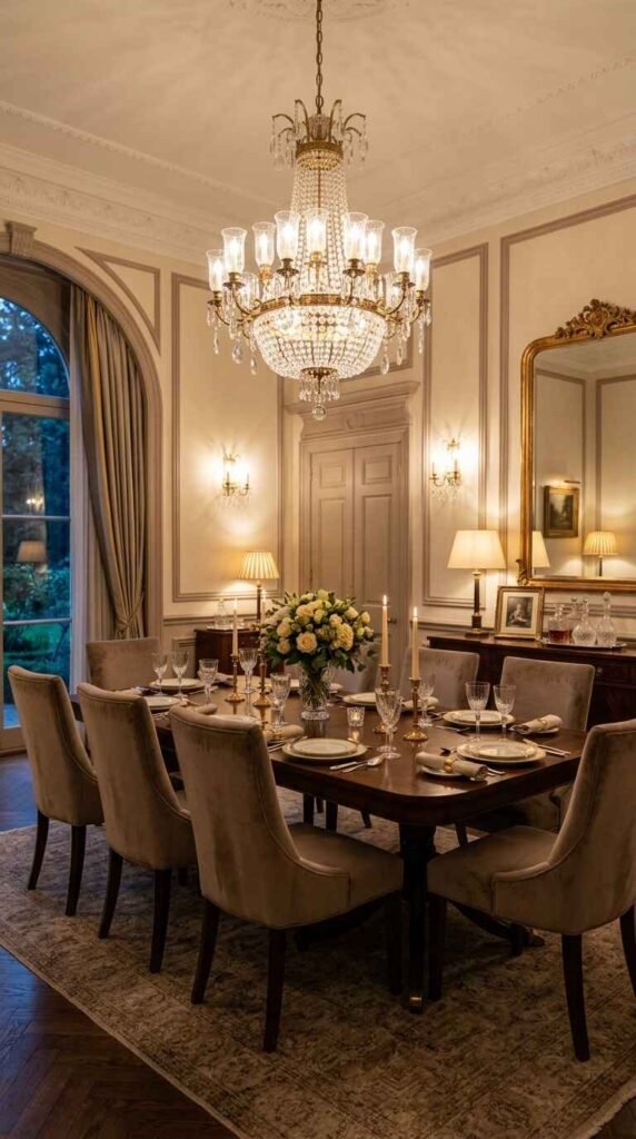 Proportionally scaled French provincial brass and crystal chandelier in a luxury beige dining room with ornate wall moulding.