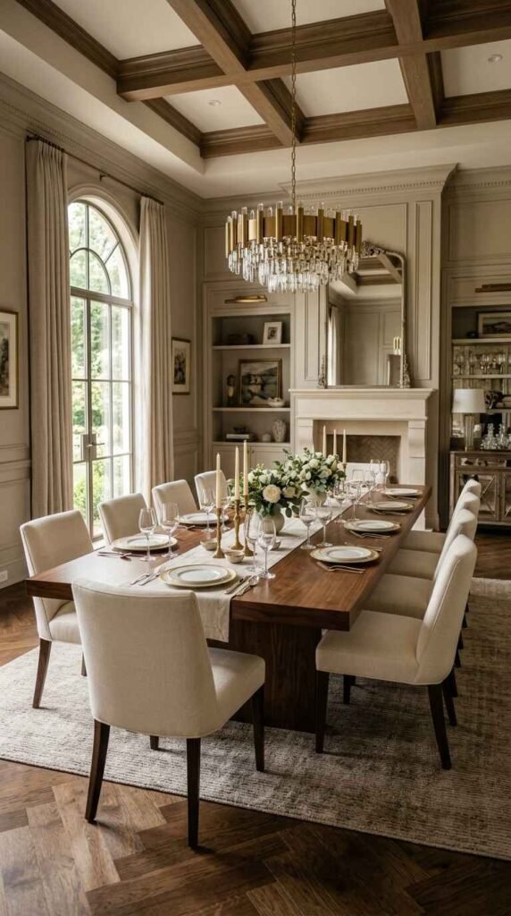 Large solid walnut dining table in a grand dining room with coffered ceilings, modern gold chandelier, and neutral beige chairs