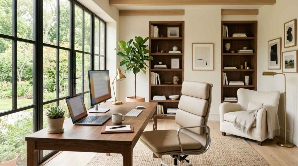 Spacious luxury home office featuring a dark walnut executive desk, tan leather swivel chair, floor-to-ceiling grid windows, and custom built-in bookcases