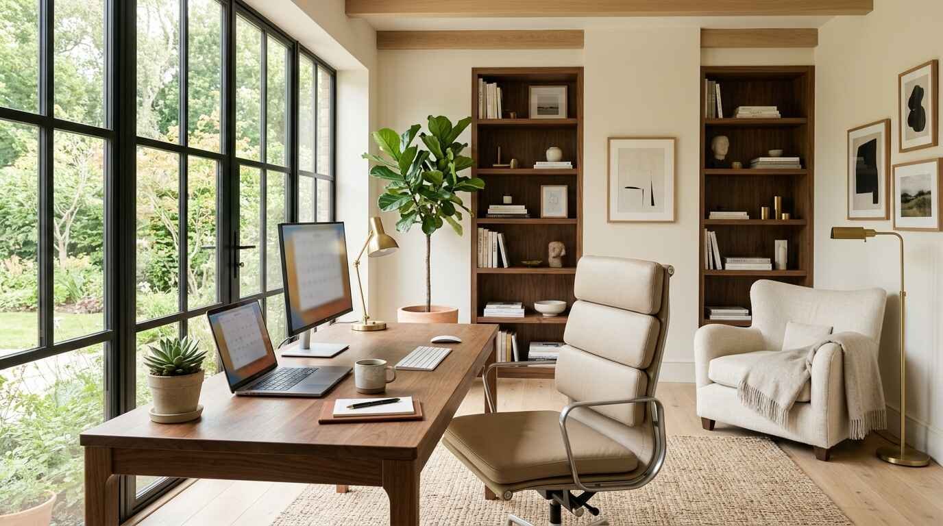 Spacious luxury home office featuring a dark walnut executive desk, tan leather swivel chair, floor-to-ceiling grid windows, and custom built-in bookcases