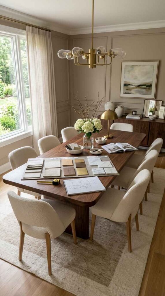 Interior designer planning luxury dining table materials, wood swatches, and floor plans on a solid wood tabletop.