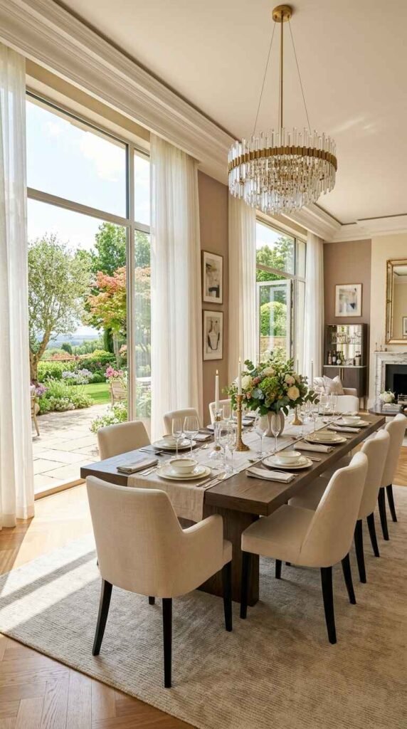 Floor-to-ceiling glass doors creating an indoor-outdoor connection in a sunlit modern luxury dining room.
