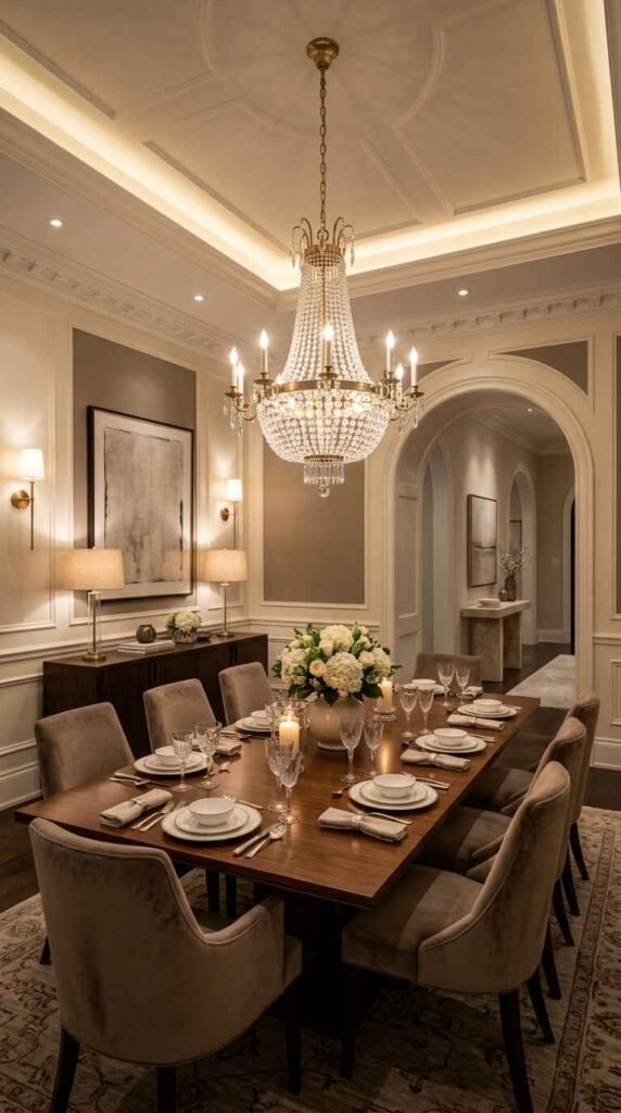 Layered dining room lighting scheme featuring a central brass chandelier, wall sconces, buffet table lamps, and hidden LED cove ceiling lighting.