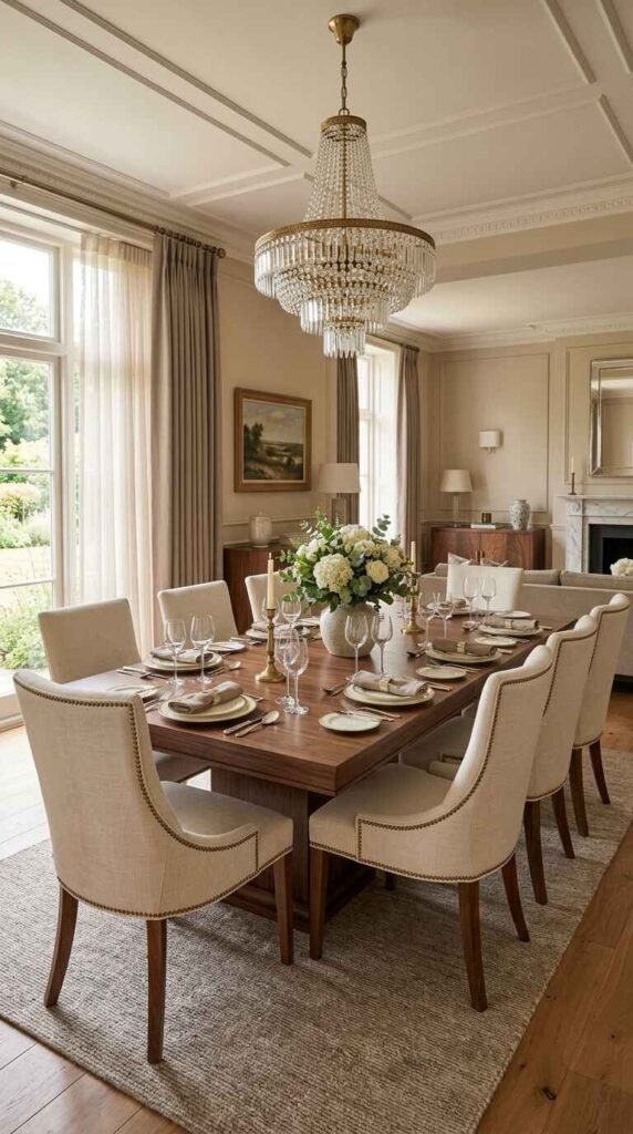 Tiered crystal chandelier and warm ambient sconces illuminating an elegant luxury dining room setup.