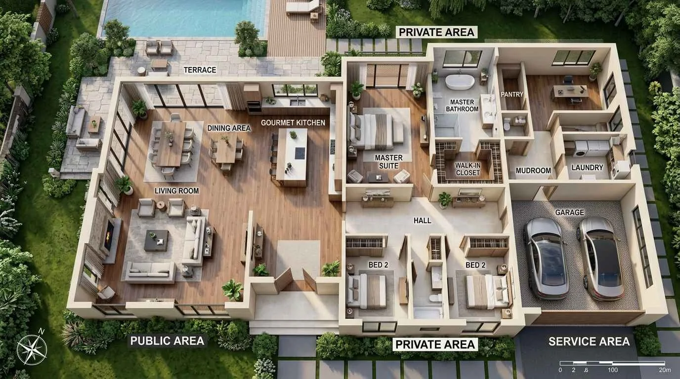 Detailed 3D architectural floor plan illustrating public living areas, private master suite, and service zones near garage