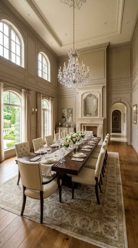Long formal luxury dining table set for twelve guests in an opulent high-ceiling room with French windows and crystal chandelier.
