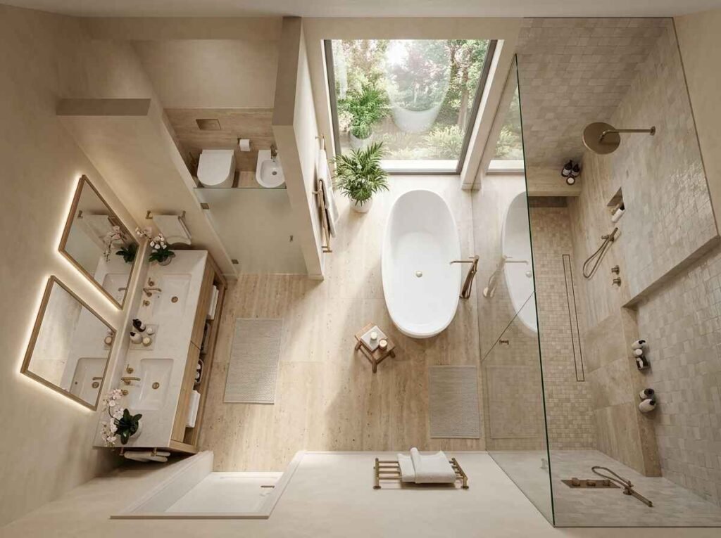Top-down 3D rendering of a luxury bathroom layout with a wet room shower enclosure, freestanding oval bathtub under a skylight, double vanity, and neutral beige tile.