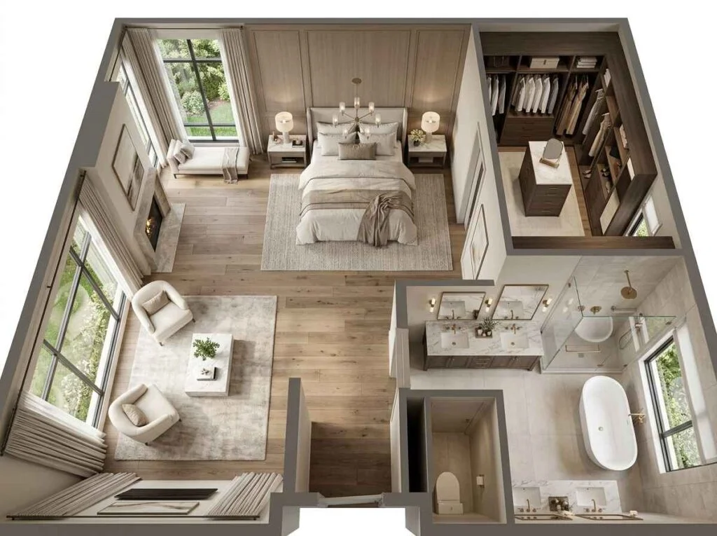 Top-down 3D view of a luxury primary bedroom layout featuring a plush king-size bed, private fireplace seating area, walk-in closet, and an ensuite spa bathroom.