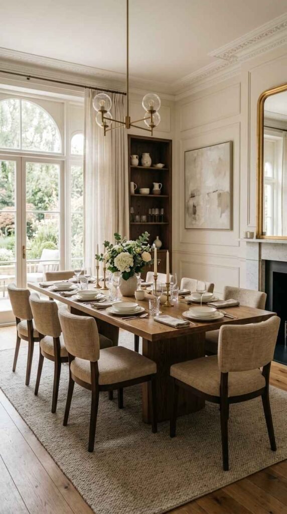 Modern brass chandelier hanging over a solid oak table creating a strong focal point in an elegant luxury dining space.