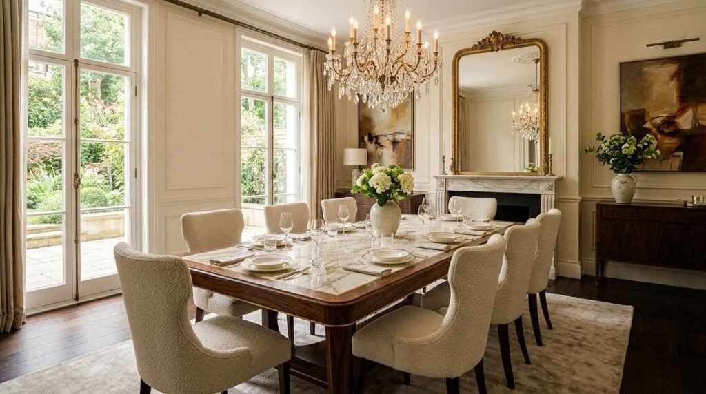 Elegant luxury dining room featuring a marble-top dining table with cream bouclé chairs, gold ornate mirror, and crystal chandelier.