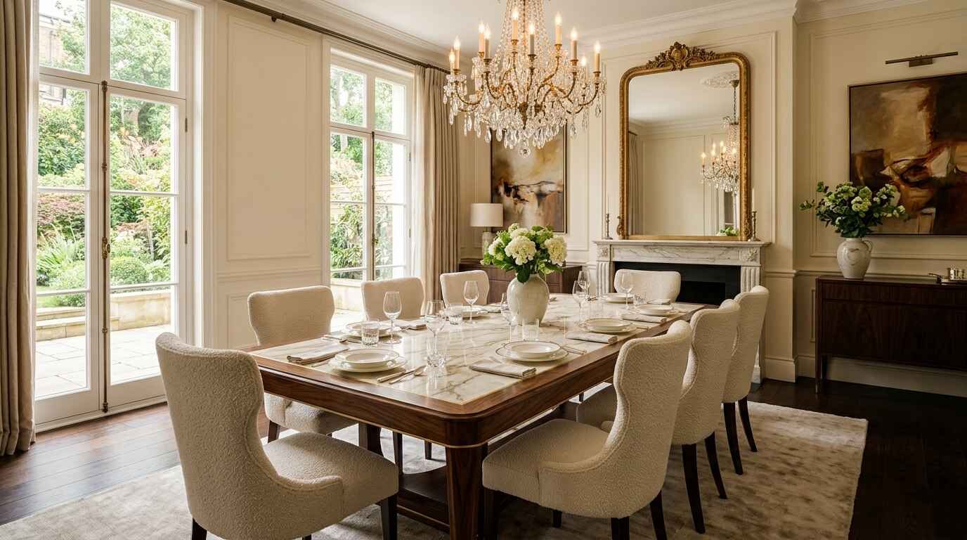Elegant luxury dining room featuring a marble-top dining table with cream bouclé chairs, gold ornate mirror, and crystal chandelier.