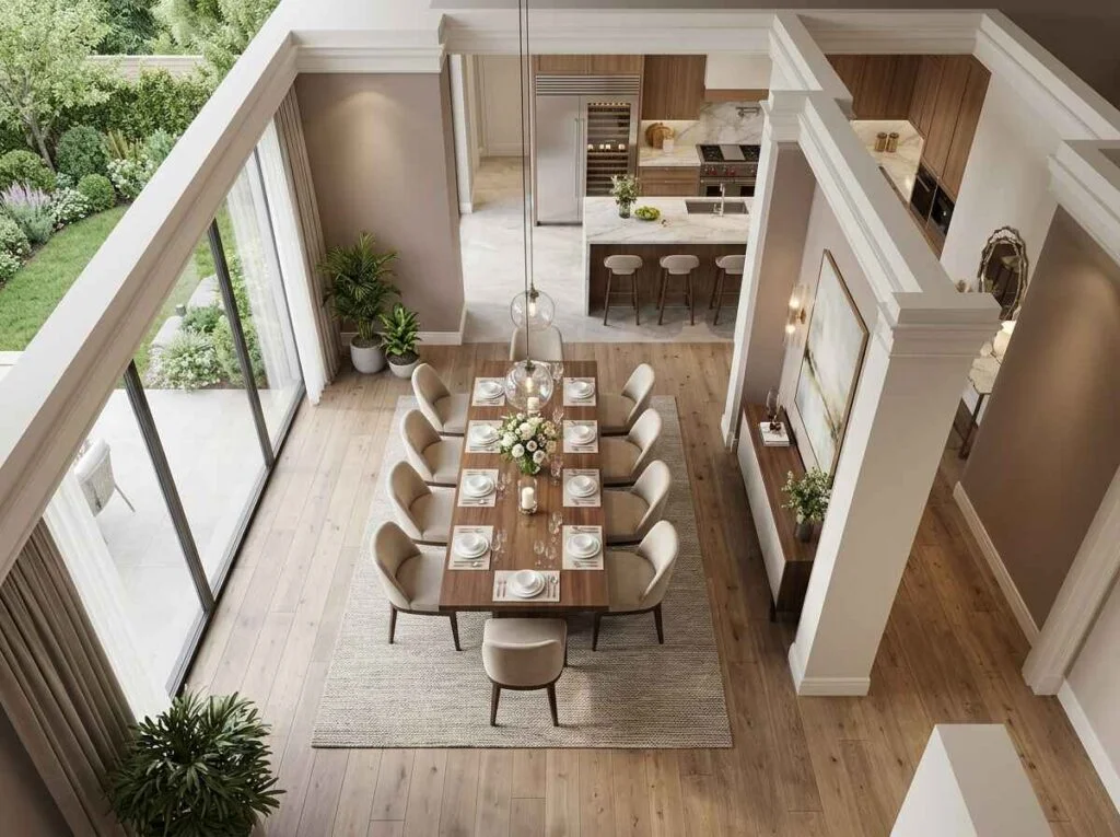 High-angle interior view of a luxury dining room layout with a ten-seat wooden dining table, warm beige upholstered chairs, pendant lights, and seamless outdoor garden access.