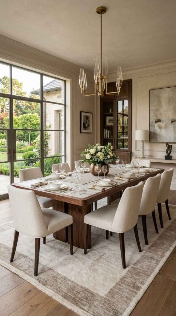 High-end dining table featuring a marble top inlay and solid dark wood frame surrounded by cream upholstered dining chairs.