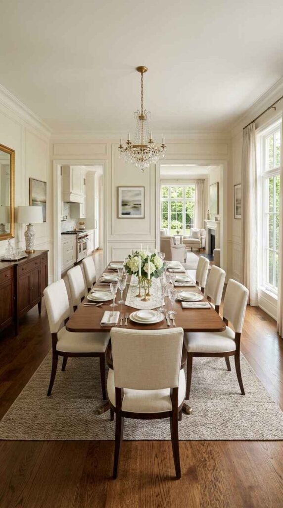 Spacious luxury dining room layout showing balanced furniture proportions, neutral wainscoting walls, and high ceiling alignment.