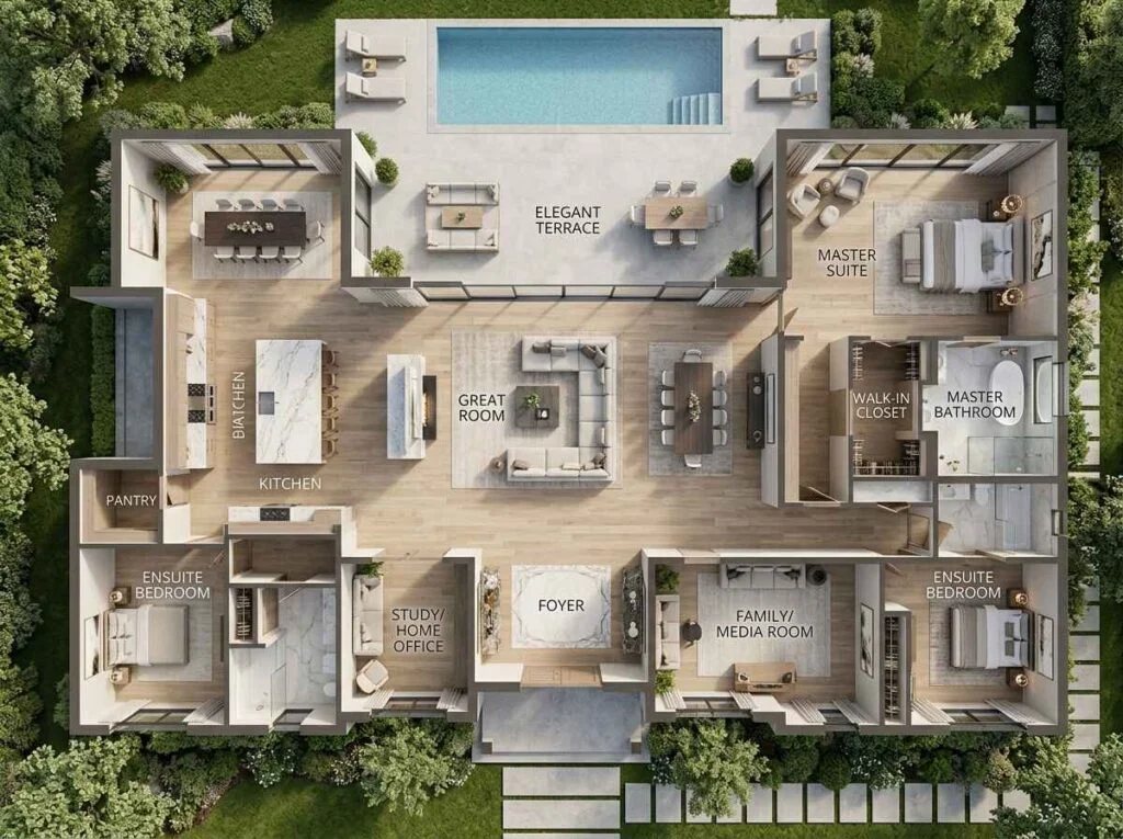 Architectural top-down 3D floor plan of a modern luxury residence featuring an open-concept great room, expansive back terrace with a swimming pool, and private ensuite bedrooms.