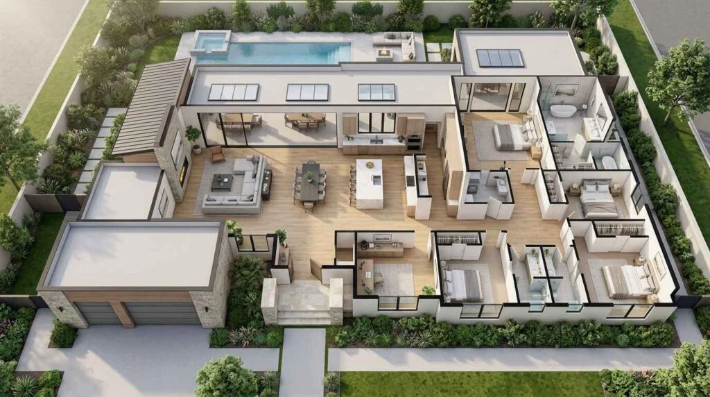 Aerial 3D architectural rendering of a luxury modern single-story residence with an open living floor plan, private courtyard pool, and landscaped perimeter.