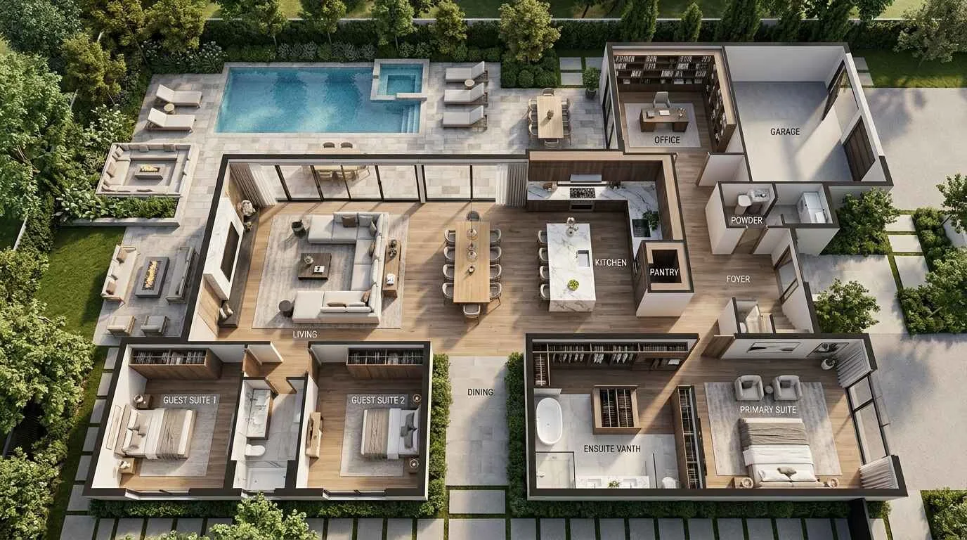 Architectural top-down 3D floor plan of a modern luxury single-story villa featuring a central open-plan living area, swimming pool, master suite, and private garden.