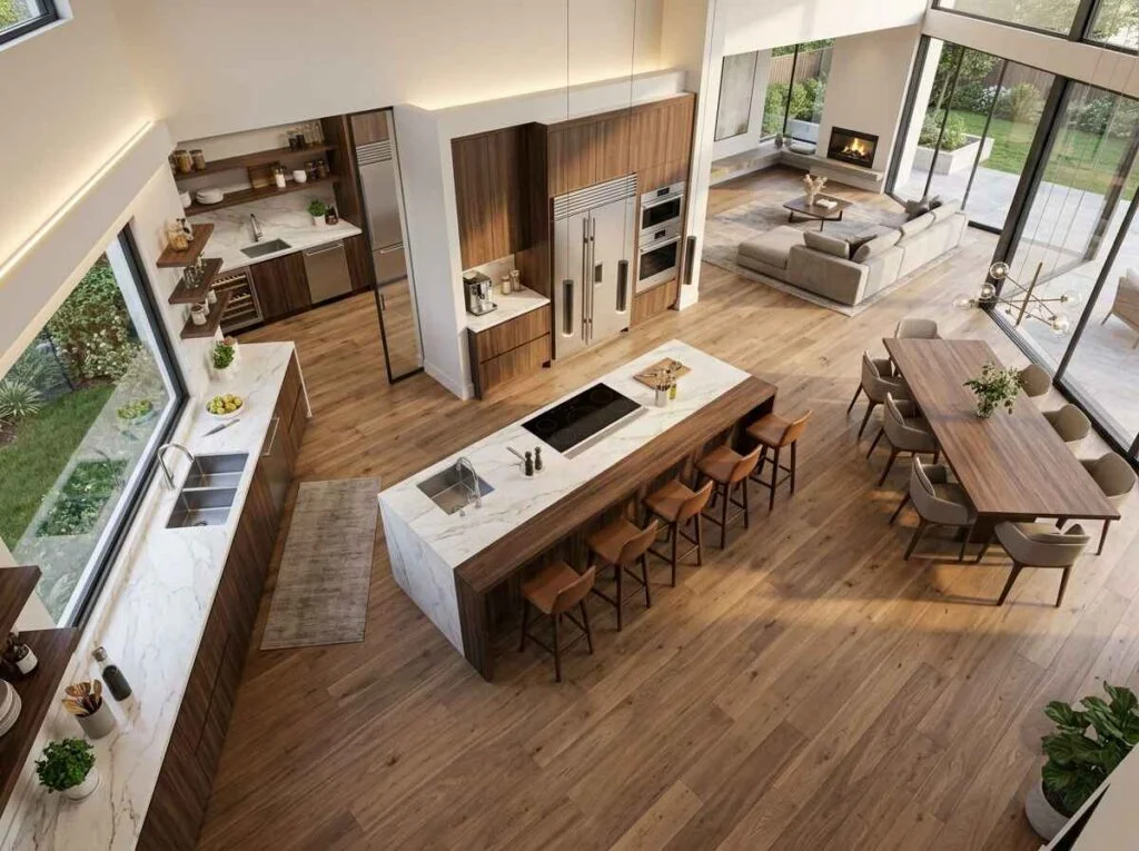 Elevated perspective of a modern luxury kitchen layout featuring a large marble prep island, integrated wooden cabinetry, and an adjoining hidden scullery pantry.