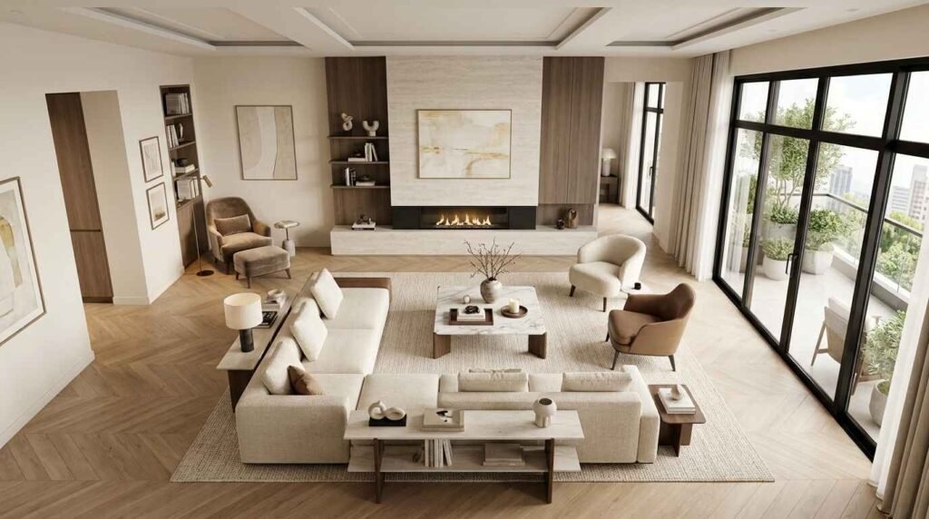 High-angle view of a luxury living room layout featuring a cream sectional sofa, marble coffee table, modern travertine fireplace, and floor-to-ceiling glass doors.