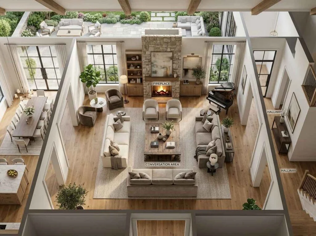 Overhead 3D rendering of a luxury living room layout featuring floating furniture, double seating areas around a stone fireplace, high ceilings, and floor-to-ceiling windows.
