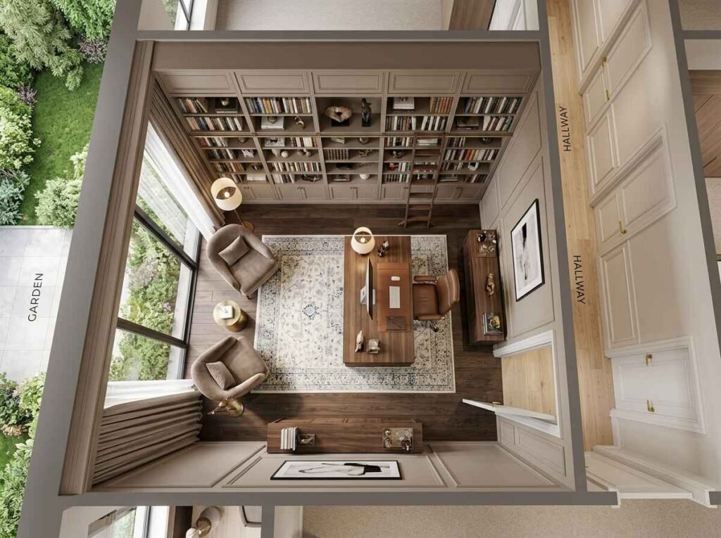 High-angle 3D view of an elegant executive home office layout with floor-to-ceiling library shelving, a central walnut desk facing the entrance, and armchairs by glass patio doors.