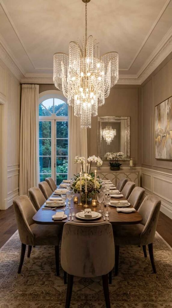 Grand tiered crystal waterfall chandelier illuminating a luxury dining room with beige cream walls, velvet upholstered chairs, and a long mahogany table.