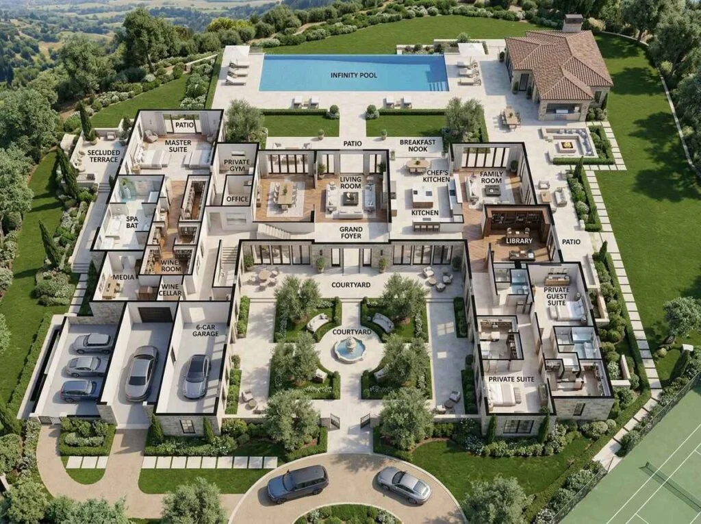 Panoramic 3D floor plan of an expansive luxury villa estate featuring a central courtyard fountain, infinity pool, 6-car garage, private spa, wine cellar, and guest quarters.