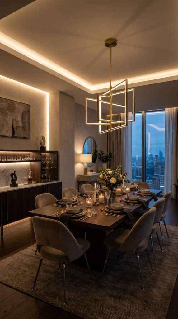 Modern geometric brass frame chandelier suspended over a dining table in an open-concept luxury penthouse with LED perimeter lighting.