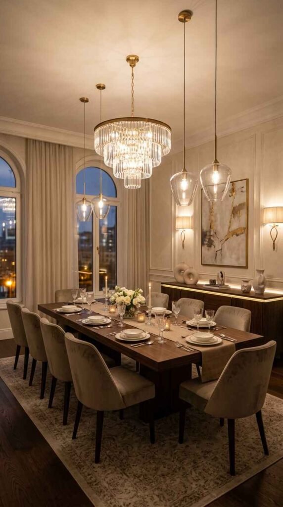 Tiered crystal drum chandelier paired with flanking blown glass pendant lights creating a layered ambient lighting scheme in a dining room.