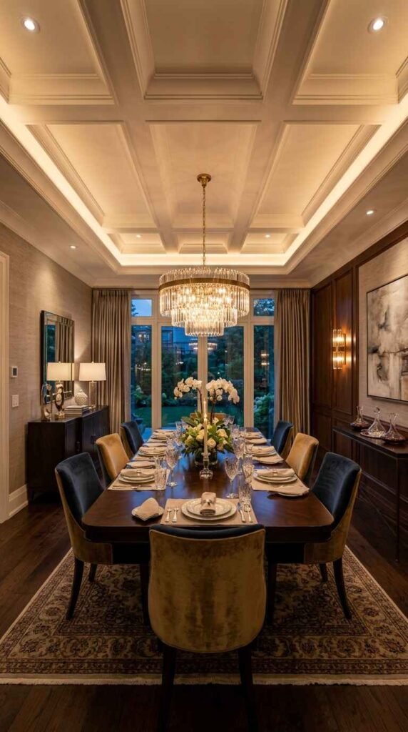 Modern circular glass fringe chandelier suspended over a formal dining table with warm perimeter cove lighting and dark wood wall paneling.