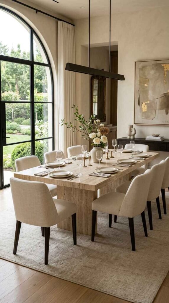 Modern luxury travertine stone dining table set with neutral linen chairs near a large arched window.