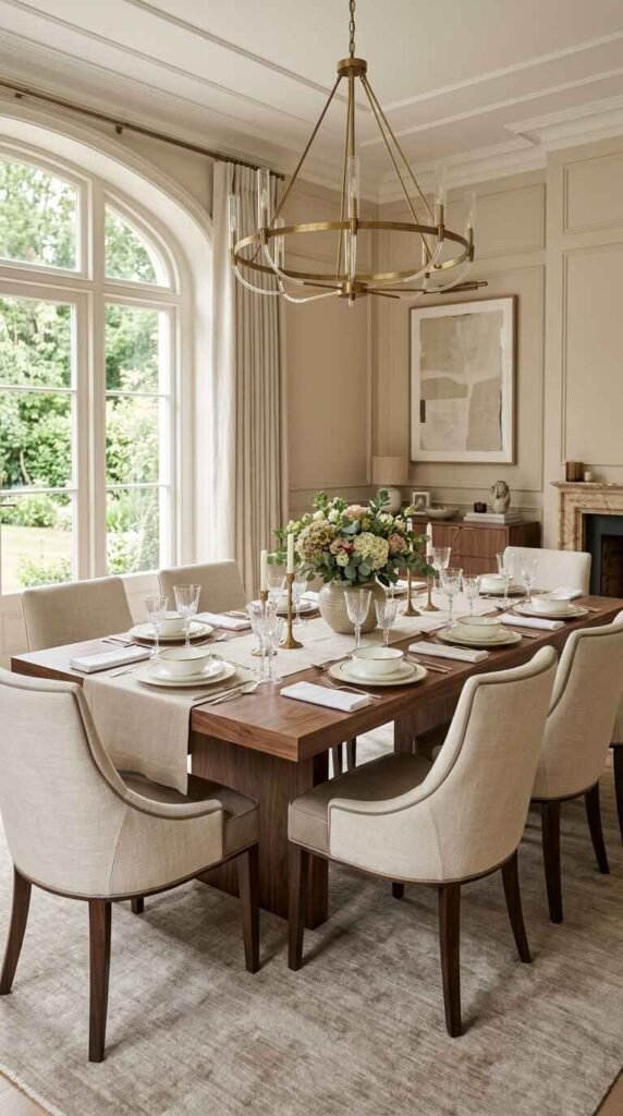 Large arched French doors maximizing natural light in a timeless formal luxury dining room with high-backed upholstered chairs.