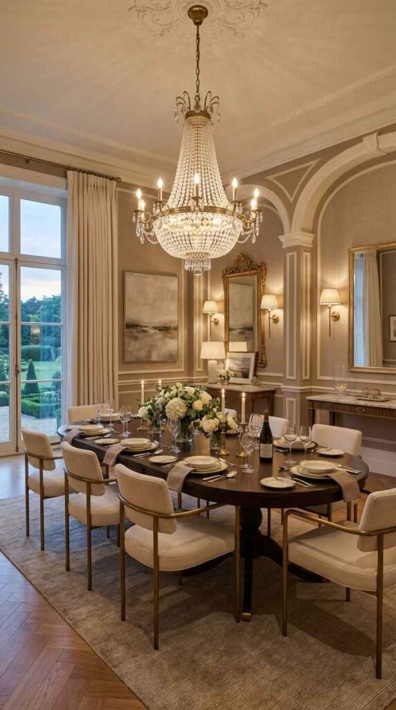 Grand neoclassical crystal chandelier perfectly centered above an oval wood dining table set in a warm cream dining room with arched wall trim.