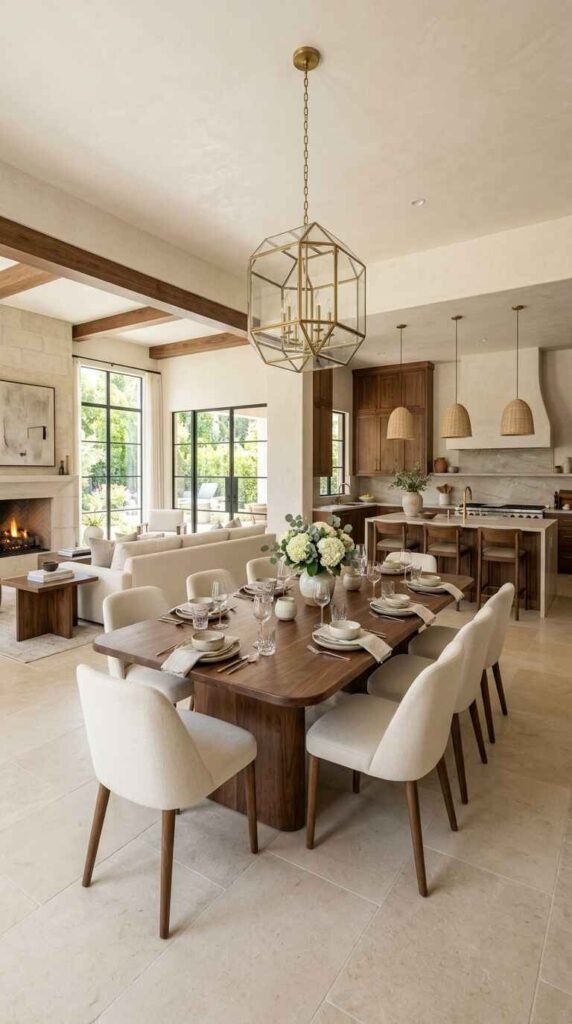 Open-plan luxury dining space design connecting seamlessly to an adjacent modern kitchen and living area.