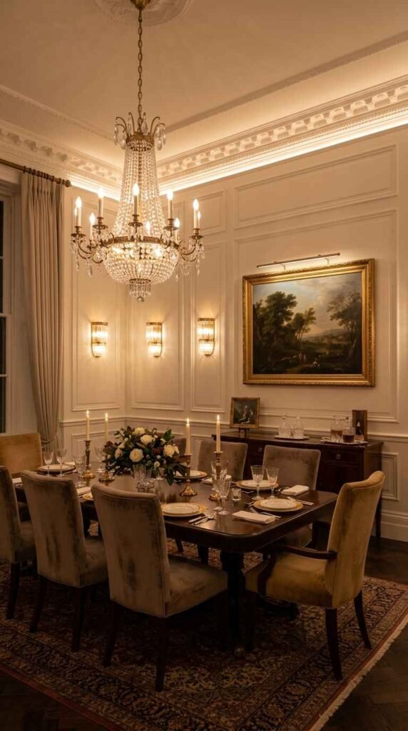 Traditional dining room featuring a brass picture light accenting framed artwork alongside wall sconces and a crystal central chandelier.