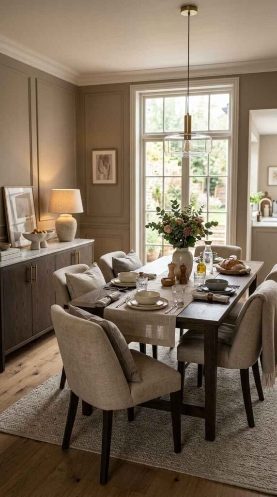 Natural dark wood dining table set with linen runner and organic ceramics showcasing high-end premium materials.