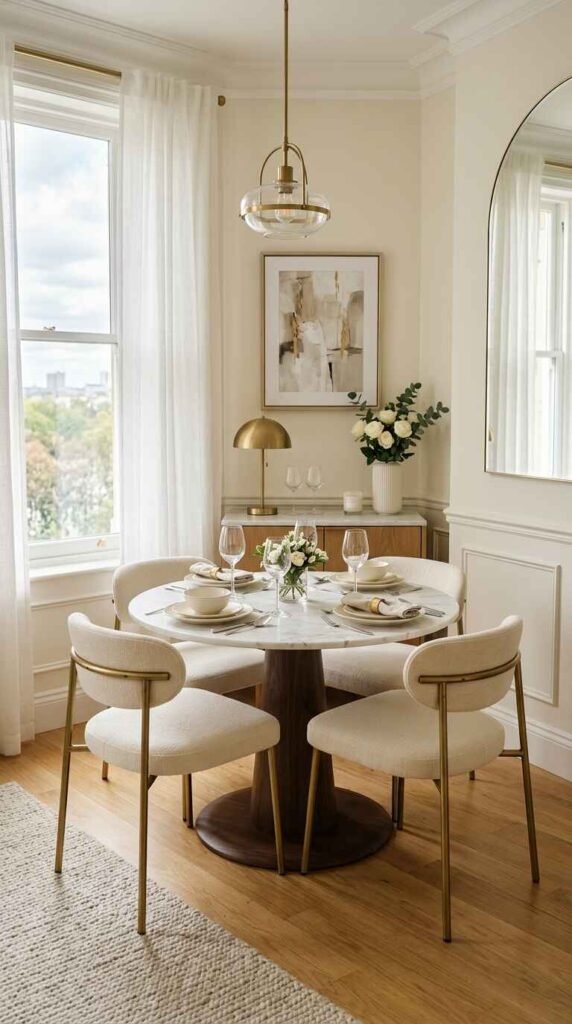 Small round marble-top dining table with a dark wood pedestal base and brass-framed cream bouclé chairs in a bright breakfast nook.