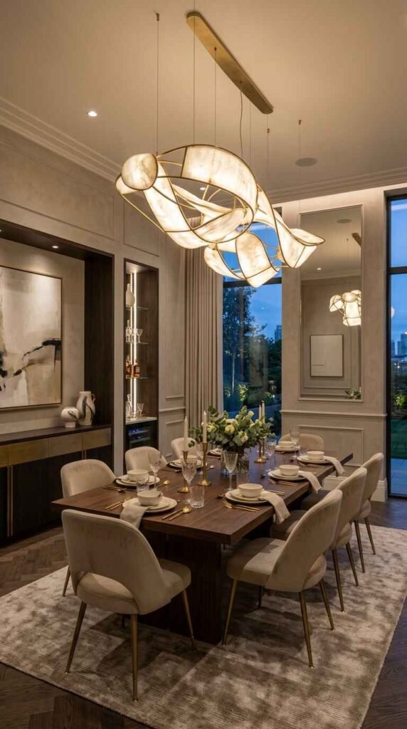 Sculptural organic ribbon chandelier with illuminated alabaster panels hanging over a modern luxury dining table set for ten.