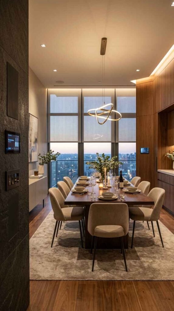 Modern luxury dining room equipped with smart home wall control panel, automated shades, and integrated architectural lighting.