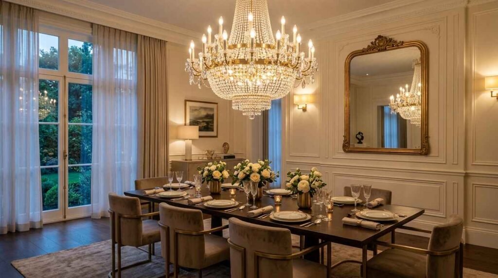 Large crystal basket chandelier hung at ideal height above a long dining table reflecting in a grand gilded wall mirror.