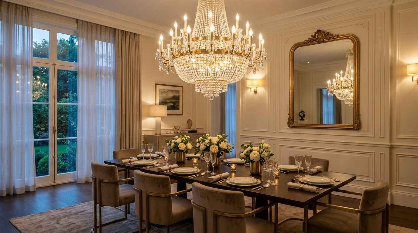 Large crystal basket chandelier hung at ideal height above a long dining table reflecting in a grand gilded wall mirror.