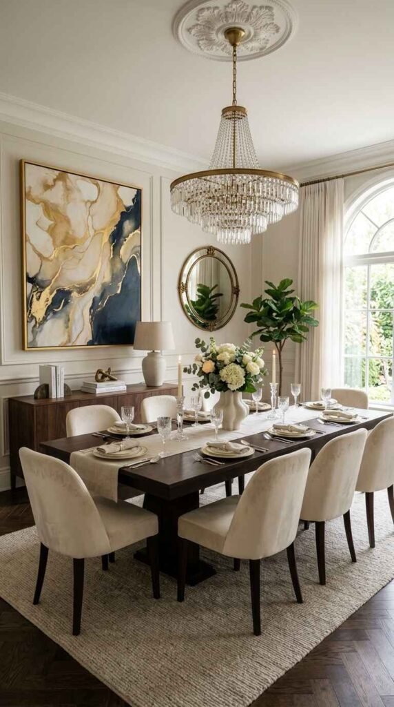 Luxury dining room styled with dynamic gold and navy statement artwork, a floral centerpiece, and a dark wood console.