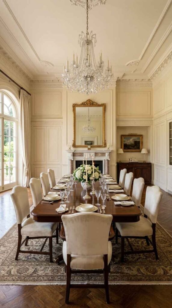 Timeless beige and cream luxury dining room design with classic wall moldings, gold frame mirror, and dark hardwood floors.