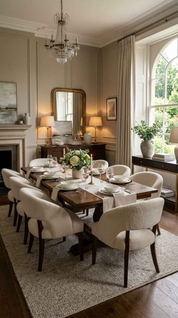 Timeless high-end dining room design featuring curved bouclé armchairs, subtle stone fireplace, and neutral linen drapes.